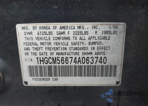 2004 Honda Accord 2.4 Ex из США, поврежденный, VIN 1HGCM56674A063740